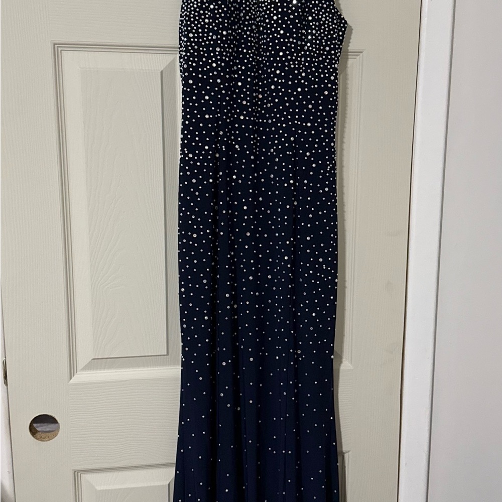 Xscape Strapless Navy Blue Gown with Embellishments